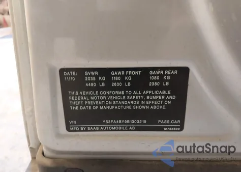 2011 Saab 9-3 z USA, uszkodzony, nr VIN YS3FA4BY9B1303219